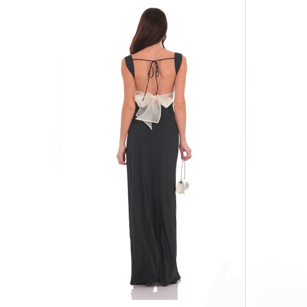 NWT Lucy in the Sky Black Formal Maxi Dress with Sheer White Bow In Back Size L - Picture 6 of 6